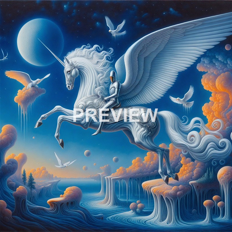 A fantastical scene featuring a person in armor riding a winged, armored unicorn with flowing mane and tail, surrounded by flying birds and a surreal landscape with clouds, planets, and waterfalls under a starry sky.